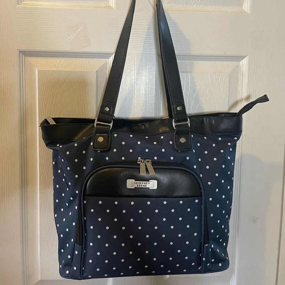 Geoffrey Beene Executive Women Bag  Navy Blue & White Polka Dots Canvas .